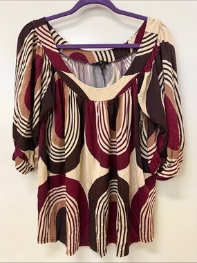 Boho Scoop-Neck Peasant Top in Burgundy, Cream & Brown
